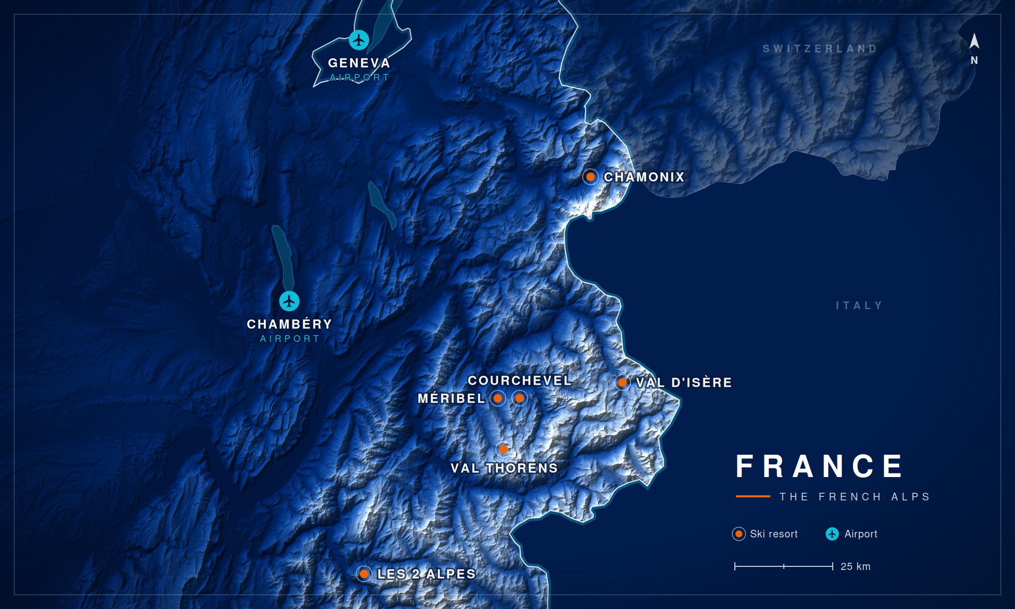 Map of French Alps ski resorts: Chamonix, M&eacute;ribel, Courchevel, Val Thorens, Val d'Is&egrave;re and Les 2 Alpes, with Geneva and Chamb&eacute;ry airports