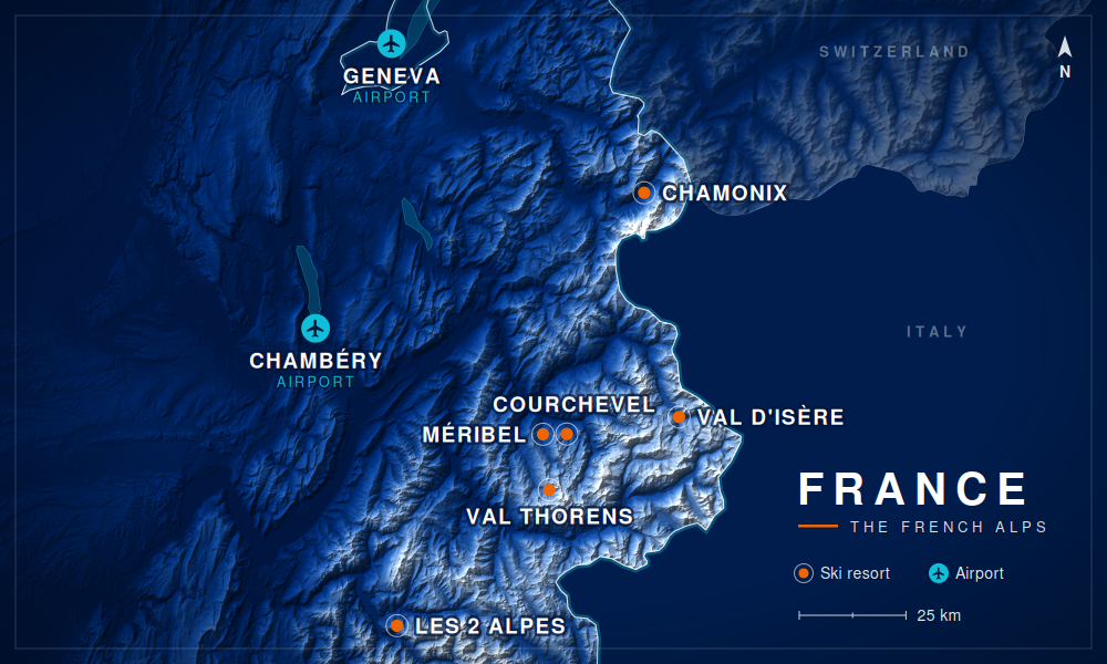 Map of French Alps ski resorts: Chamonix, M&eacute;ribel, Courchevel, Val Thorens, Val d'Is&egrave;re and Les 2 Alpes, with Geneva and Chamb&eacute;ry airports