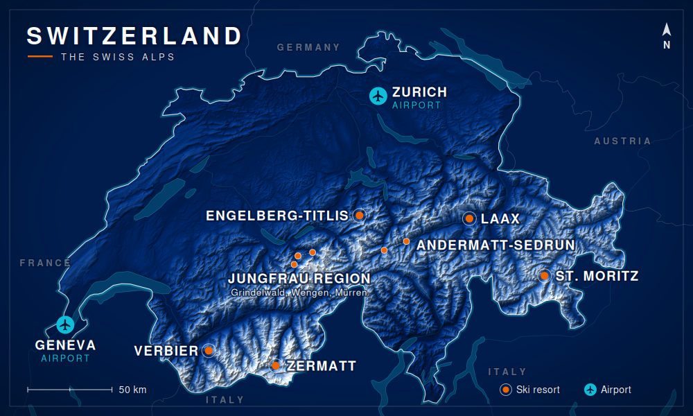 Map of Swiss Alps ski resorts: Zermatt, Verbier, Engelberg-Titlis, the Jungfrau Region, Andermatt-Sedrun, Laax and St. Moritz, with Geneva and Zurich airports