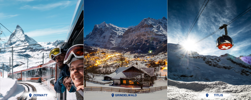 Zermatt train with the Matterhorn, Grindelwald village at night and the Titlis cable car, Switzerland