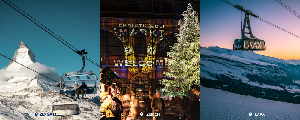 Zermatt chairlift beneath the Matterhorn, Zurich Christmas market and the Laax cable car, Switzerland