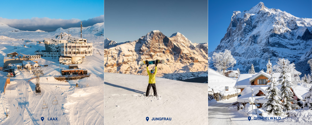 Laax ski area, a snowboarder in the Jungfrau Region and snowy Grindelwald chalets beneath the Eiger, Switzerland