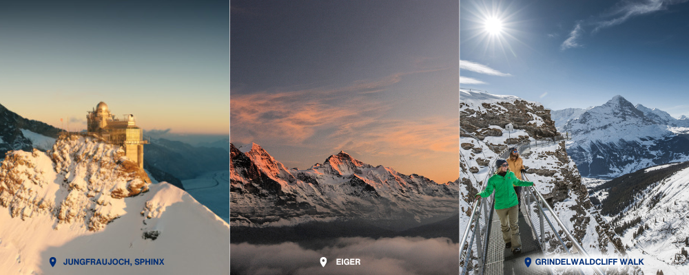 The Sphinx at Jungfraujoch, the Eiger at sunset and the Grindelwald First Cliff Walk, Switzerland