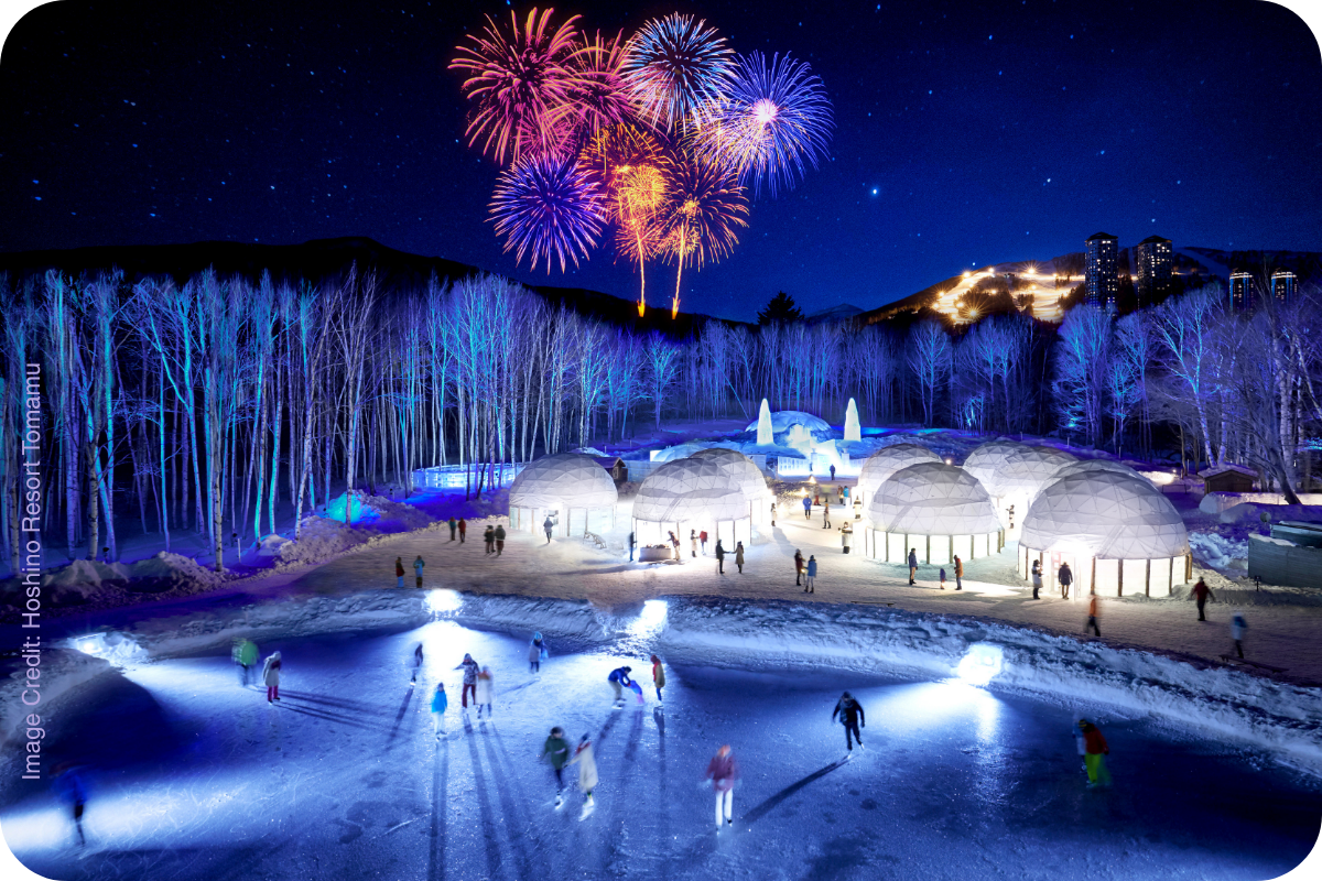 Fireworks over the Ice Village at Tomamu at night