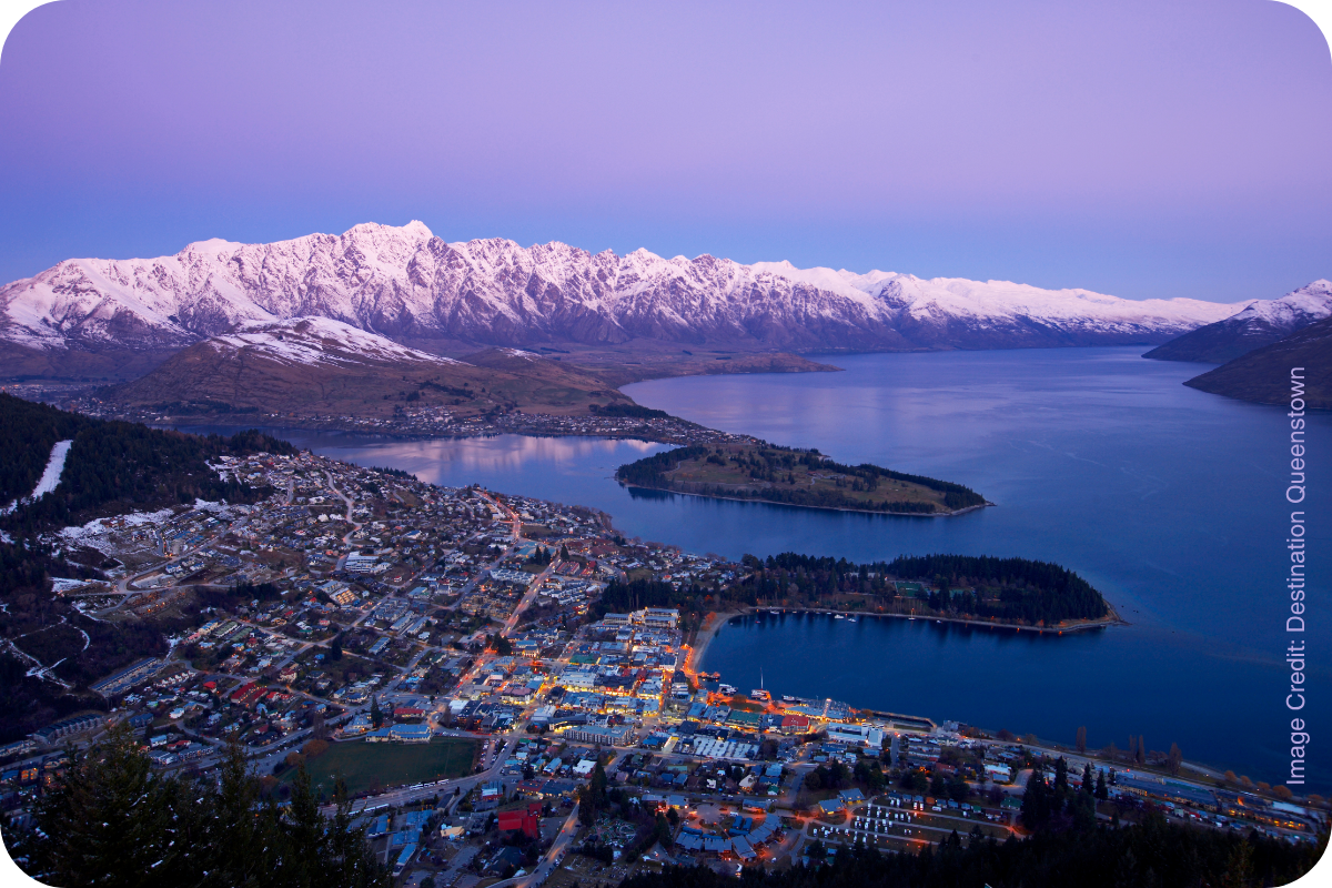 Queenstown and Lake Wakatipu at dusk with snow-capped peaks