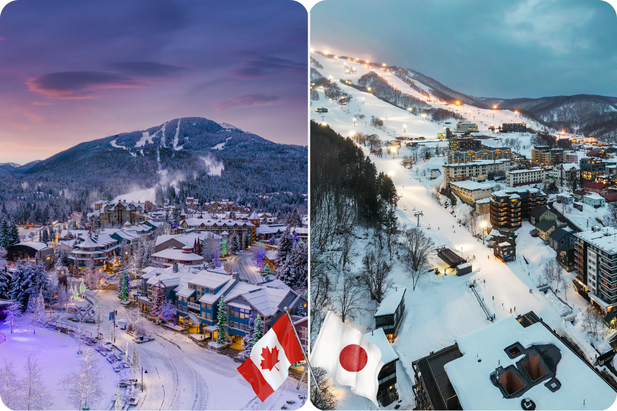 Canadian ski village beside a snowy Japanese street at night